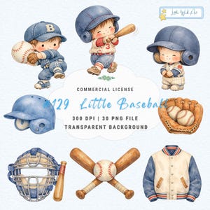 May include: Watercolor illustrations of baseball-themed elements. Includes cartoon figures in baseball uniforms, baseballs, bats, a glove, a catcher's mask, and a baseball jacket. The text "Little Baseball" is also present.