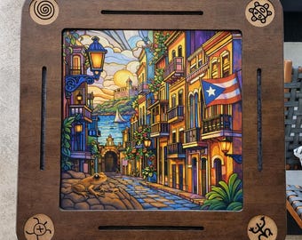 Puerto Rico (Viejo San Juan) Hardwood Domino Table, Epoxy Top, Folding Legs, Laser Engraved Coasters, Double 9 Slots