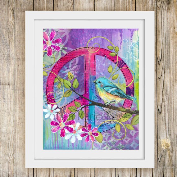 Bohemian Chic Teen Wall Decor Peace Bird Pink Purple Turquoise Peace Sign Wall Art Teen Bedroom Bird Flowers Hippie Decor