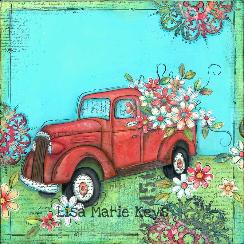 Vintage Truck Wall Art Truck Flowers Whimsical Art Old Etsy