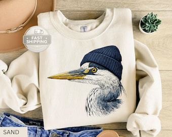 Sudadera de garza azul, gorro retro de cuello redondo para observación de aves, regalo para amantes de las aves