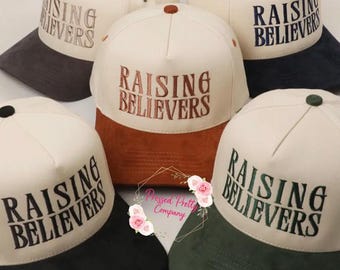Raising Believers Two Tone Suede Trucker Hat | Christian Mama Hat | Faith Based Hat | Trendy Christian Cap| Religious Gift for Mom