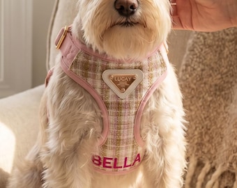 Personalized Plaid Pet Harness, Custom Embroidered Name Vest, Rose Gold Dog Supplies, Luxury Puppy Set, Christmas Dog Gift