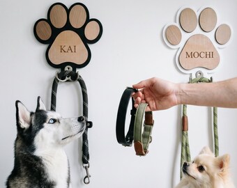 Custom Dog Paw Leash Holder, Wooden Paw Print Hook, Pet Collar Storage Rack Hanger, Dog Name Tags Accessories, Pet Gifts