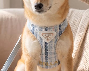 Custom Embroidered Plaid Harness, Personalized Puppy Vest, Luxury Dog Leash Set, Classic Pet Gear, Dog Adoption Gift