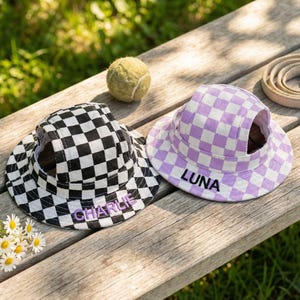 May include: Two pet hats with a checkered pattern, one black and white, the other lavender and white. The black and white hat has the name "CHARLIE" embroidered on it, and the lavender hat has "LUNA" embroidered on it.