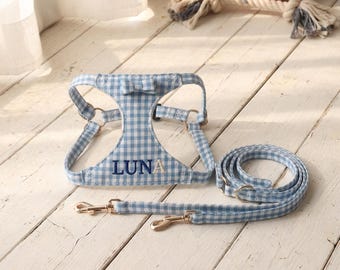 Arnés bordado para cachorros, conjunto de arnés y correa personalizados para gatos, chaleco personalizado para mascotas con nombre, regalo de cumpleaños para perros, accesorio para mascotas a cuadros