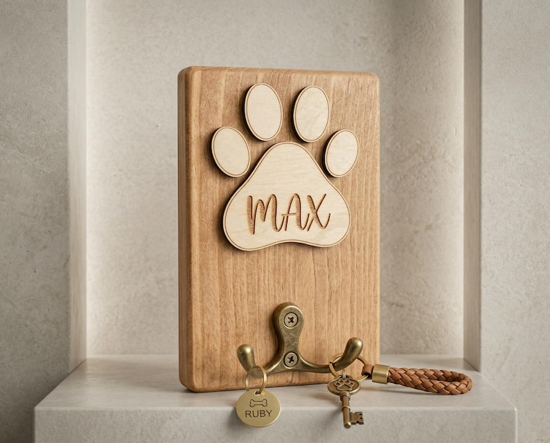 May include: Wooden key holder with a paw print design and the name "MAX" engraved. Features a brass hook with keys and a dog tag that says "RUBY". A braided leather keychain is attached.