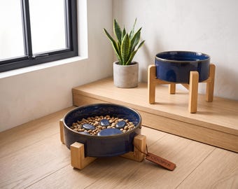 Dog Feed Station With Slow Feeder Bowl, Puppy Gift Idea, Elevated Ceramic Pet Bowls, Raised Cat Feeder, Neutral Decor