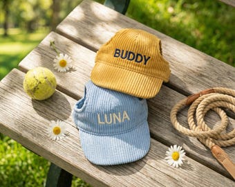 Custom Embroidered Dog Hat, Personalized Corduroy Pet Cap, Dog Sun Visor with Ear Holes, Cat Baseball Hat, Custom Puppy Name Hat