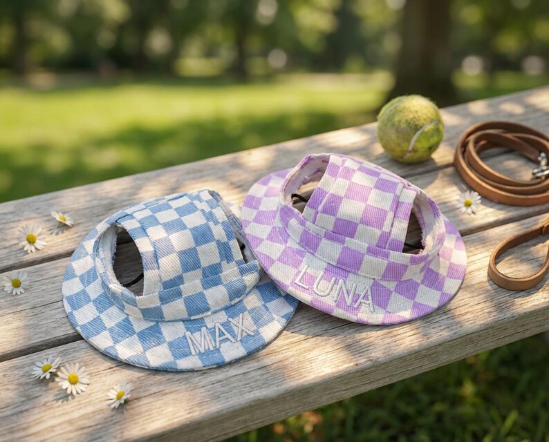 May include: Two dog visors with a checkered pattern in blue and purple, each with a name embroidered on the brim. A tennis ball and a leather leash are also on the wooden surface. Daisies are scattered around.