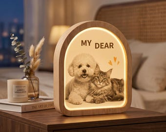 Lámpara de noche personalizada para mascotas / Regalo de condolencia por la pérdida de un perro / Letrero personalizado con foto de gato / Lámpara de dormitorio con arco de madera
