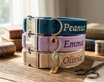 Collar personalizado para mascotas, collar para perro con piedra de nacimiento, collar de terciopelo para gato, nombre bordado, regalo de aniversario de adopción, regalo para mamás perrunas