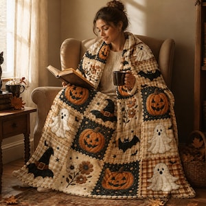 May include: A patchwork-style throw blanket featuring a repeating pattern of orange jack-o'-lanterns, white ghosts, black bats, witch hats, and brown floral motifs on a cream and dark brown plaid background, draped over a person reading a book.
