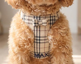 Chaleco bordado para perro, conjunto de arnés personalizado para mascotas, arnés de cuadros vichy personalizado para perros, arnés antitirones para perros, regalo navideño para mascotas