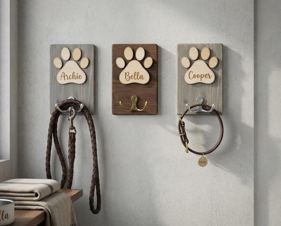 Custom Wooden Dog Hook, Personalized Pet Leash Holder, Dog Name Hook, Pet Clothes Hanger, Dog Lover Housewarming Gift