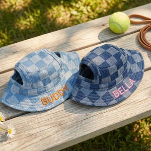May include: Two dog hats with a checkered pattern in shades of blue. One hat has "BUDDY" embroidered in orange, and the other has "BELLA" in pink. A tennis ball and a brown leather leash are also visible.