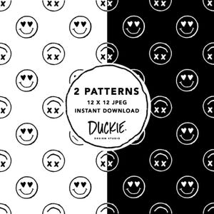 Può includere: Un grafico digitale con due motivi ripetuti di faccine sorridenti con occhi a cuore e occhi a X. Il lato sinistro è bianco con icone nere, il destro è nero con icone bianche. Testo: 2 PATTERNS, 12 X 12 JPEG, INSTANT DOWNLOAD, DUCKIE. DESIGN STUDIO.