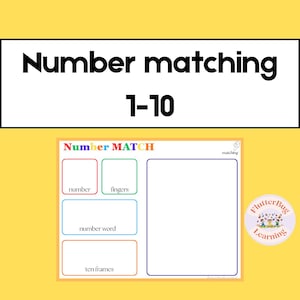 Puede incluir: Una hoja de trabajo educativa amarilla titulada Number matching 1-10. La página presenta un encabezado Number MATCH y cuatro cuadros etiquetados para números, dedos, palabras numéricas y marcos de diez, además de un rectángulo grande y un logo.