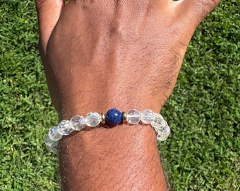 Natural Blue Lapis Lazuli crystal bracelet, Irdestcent Clear Glass Beaded Bracelet