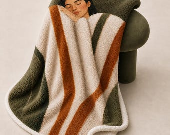 Napping Woman Illustration Deluxe Sherpa Fleece Blanket | Earthy Stripes PJs
