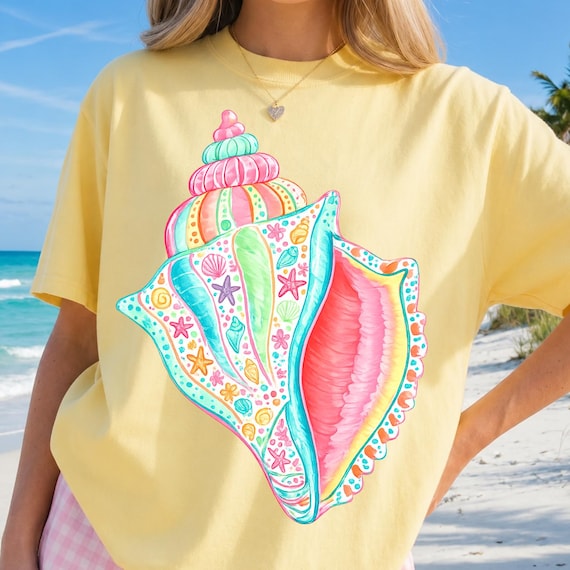 Colorful Coastal Seashell T-Shirt Design PNG | Tropical Beach Shell Graphic | Summer Ocean Clipart Digital Download PNG