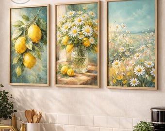 Citron väggkonst set med 3, utskrivbar köksdekoration, italiensk sommarkonstverk, citron- och prästkragetryck
