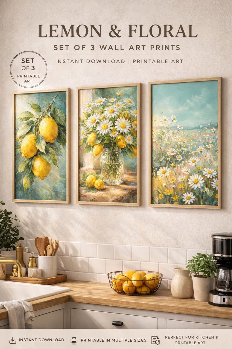 Lemon Wall Art Set of 3, Kitchen Decor Printable, Italian Summer ...