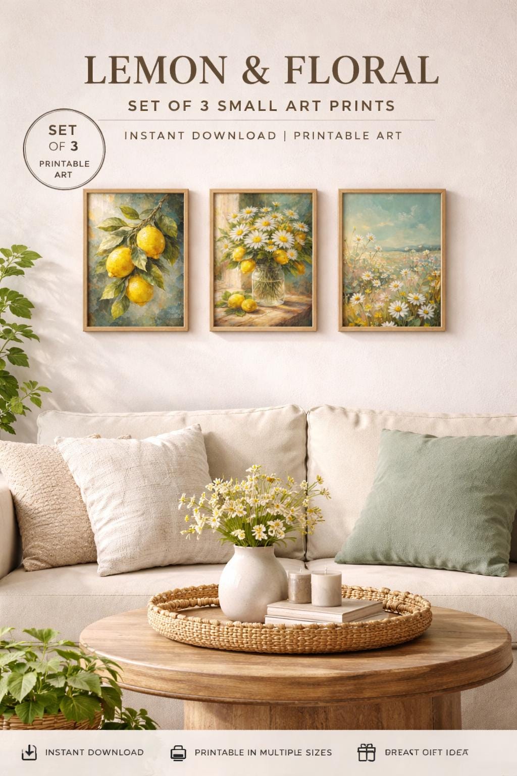 Lemon Wall Art Set of 3, Kitchen Decor Printable, Italian Summer ...