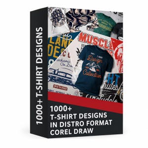 Könnte beinhalten: Eine schwarze Box mit einer Sammlung von T-Shirt-Designs. Auf der Box steht "1000+ T-SHIRT DESIGNS" an der Seite und auf der Vorderseite. Auf der Vorderseite steht auch "1000+ T-SHIRT DESIGNS IN DISTRO FORMAT COREL DRAW".