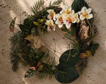 Handcrafted Tropical Orchid Wreath – Reclaimed Driftwood, Moss Botanical Wall Decor