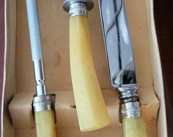 Juego de trinchar Sheffield de acero inoxidable de mediados de siglo con mangos de baquelita