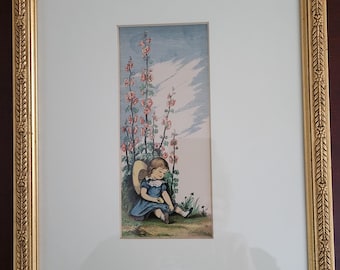 Gerahmter Blumenfee Print mit Kind und Blumen