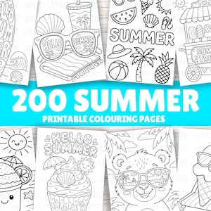 Op de afbeelding: Zwart-wit illustraties met een zomerthema. Afbeeldingen zijn onder meer een surfplank, zonnebrillen, een strandscène, een ijskar en de tekst "200 SUMMER Printable Colouring Pages".