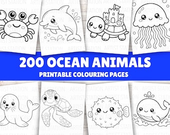 Ocean Animals Colouring Pages For Kids | 200 Sheets |  Cute Kawaii Animals Printable Coloring Book | Instant Download