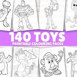 May include: A collection of 140 printable coloring pages featuring black and white line art illustrations of various animated toy characters, including a dinosaur, space ranger, cowboy, spork, bear, boy, potato figure, and a villainous character.