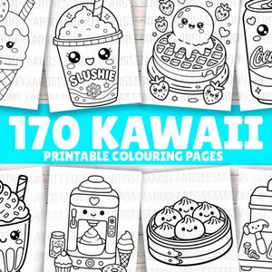 Puede incluir: Una colección de 170 páginas para colorear imprimibles con dibujos de líneas en blanco y negro de comida y objetos estilo kawaii, incluyendo un cono de helado, un granizado, un gofre, una lata de refresco, un batido y herramientas.