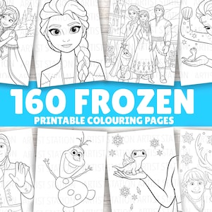 Puede incluir: Una colección de 160 páginas para colorear imprimibles con ilustraciones de arte lineal en blanco y negro de personajes de la película Frozen, incluyendo a Elsa, Anna, Kristoff, Olaf y Sven, con el texto 160 FROZEN PRINTABLE COLOURING PAGES.