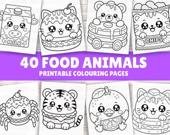 Cute Kawaii Food Animals Colouring Pages | 40 Sheets | Kids Colouring Activity | Kids Colouring pages | Digital Download PDF