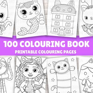May include: A collection of 100 printable coloring pages featuring black and white line art of cartoon cats in various costumes and settings, including a mermaid cat, a cat house, a fairy cat, an astronaut cat, and a girl with cat ears.