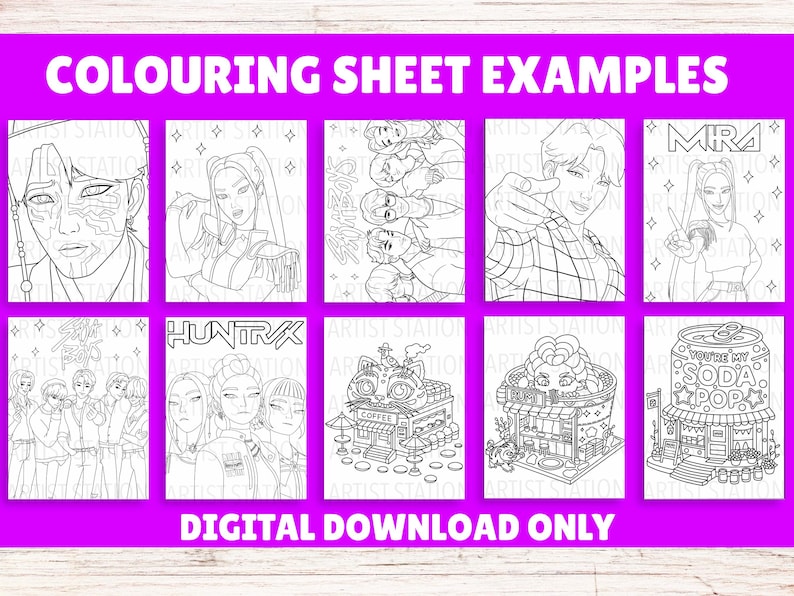 Może przedstawiać: Kolekcja dziesięciu czarno-białych kolorowanek z ilustracjami liniowymi postaci, grup i budynk&oacute;w w stylu anime. Tekst COLOURING SHEET EXAMPLES oraz DIGITAL DOWNLOAD ONLY widnieje w kolorze białym na jasnofioletowym tle.