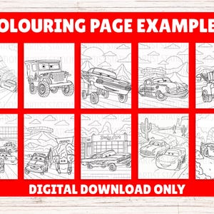 以下が含まれることがあります： 様々な擬人化された漫画の車やトラックが描かれた10枚の白黒の塗り絵ページのデジタルコレクション。上部のテキストはCOLOURING PAGE EXAMPLES、下部のテキストはDIGITAL DOWNLOAD ONLYと記載されています。