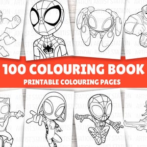 May include: A digital collection of 100 printable colouring pages featuring black and white line art illustrations of various superhero characters, including Spider-Man and other figures in dynamic poses, with the text 100 COLOURING BOOK.