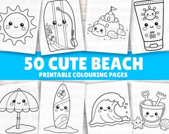Cute Easy Beach Coloring Sheets | 50 Sheets | Beach Fun Printable Coloring Book | Instant Download PDF