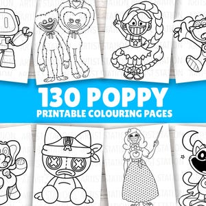 Puede incluir: Una colección de 130 páginas para colorear imprimibles de Poppy con ilustraciones de arte lineal en blanco y negro de varios personajes de dibujos animados, incluyendo un robot, criaturas peludas, una muñeca con trenzas, un elefante y un gato.