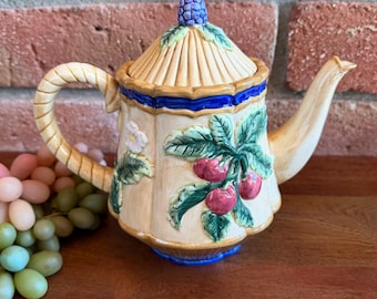 Fitz and Floyd French Orchard Teapot, Fruit Floral Ceramic Vintage Kitchenware