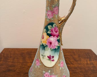 Antique Nippon Ewer Floral With Enamel Beading Vase Pitcher