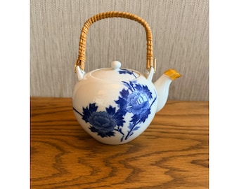 Vintage Blue White Porcelain Dobin Style Teapot with Rattan Handle