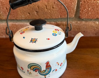Berggren Rooster Enamelware Teapot  Kettle, Swedish Folk Art Vintage