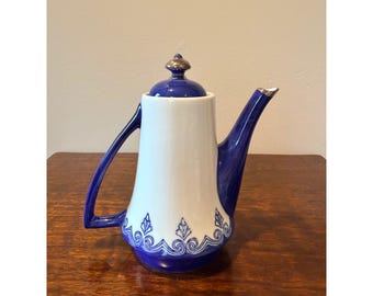Bombay Company Arabesque Teapot, Blue White Ceramic, Silver Trim Finial Lid